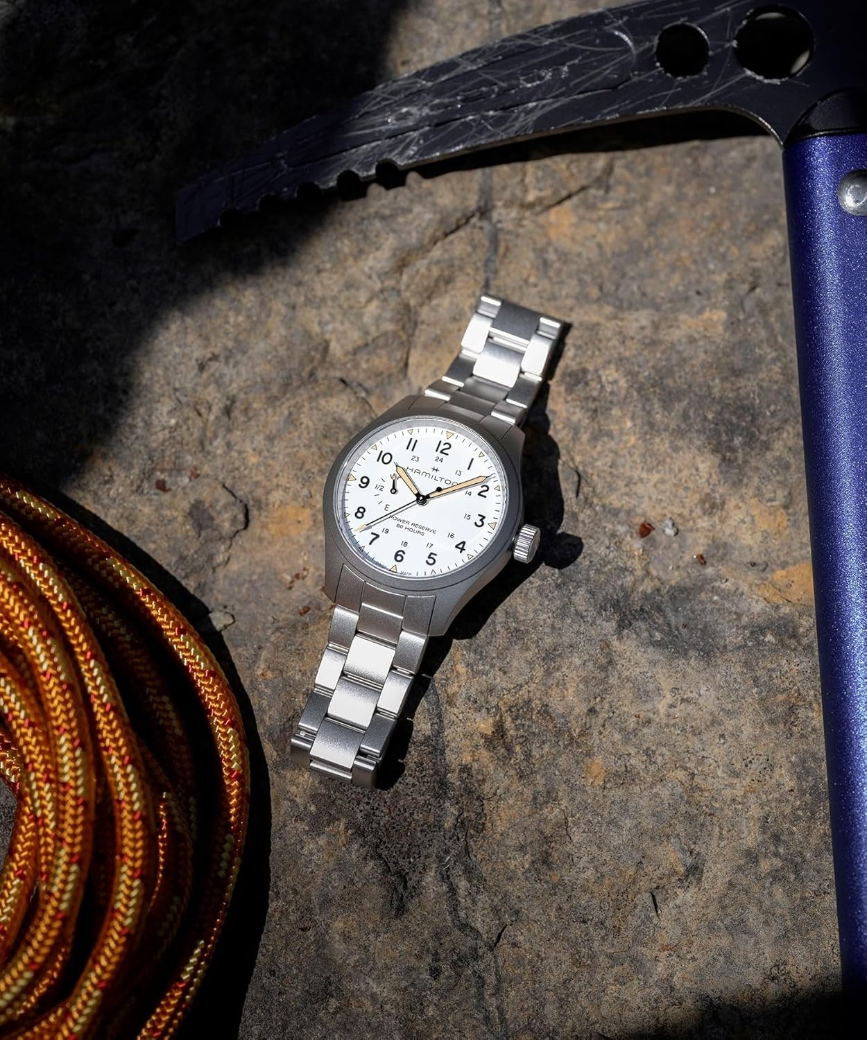 imageHamilton Khaki Field Mechanical Mens Watch 40mm Stainless Steel Case Swiss made White Dial Analog Wrist Watch for Mens 100 Meters Water resitance Sapphire Crystal 3Hand Movement Stainless Steel Bracelet