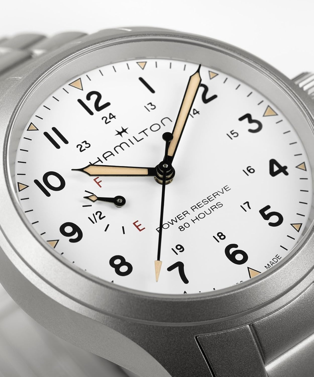 imageHamilton Khaki Field Mechanical Mens Watch 40mm Stainless Steel Case Swiss made White Dial Analog Wrist Watch for Mens 100 Meters Water resitance Sapphire Crystal 3Hand Movement Stainless Steel Bracelet