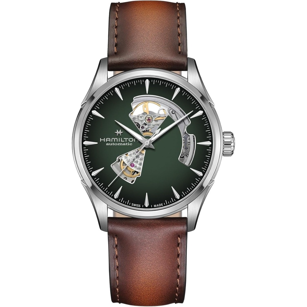 imageHamilton Jazzmaster Automatic Mens Watch 42mm Stainless Steel Case Swiss Made Green Dial Analog Wrist Watch for Mens 50 Meters Water resitance Sapphire Crystal 3Hand Movement Leather Strap