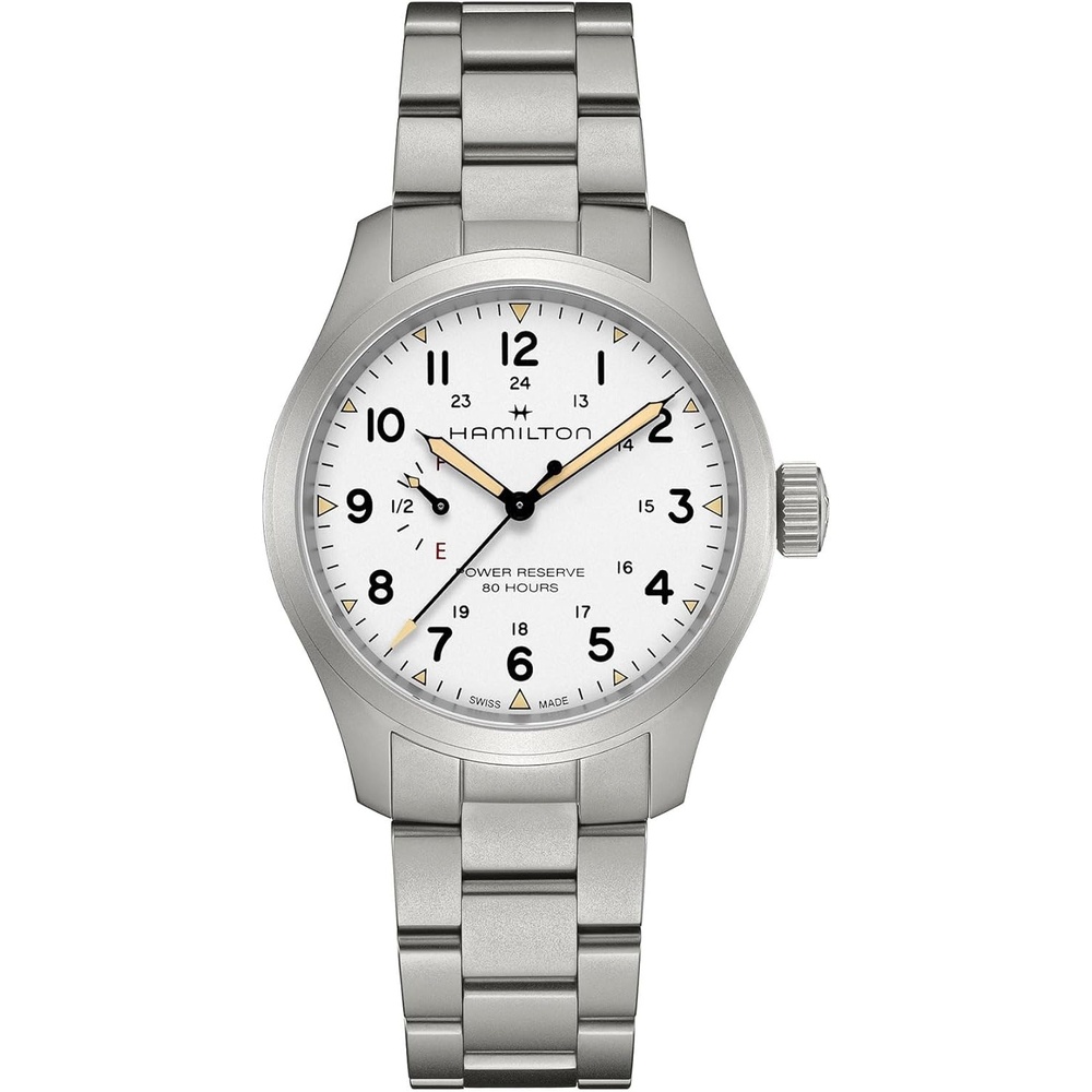 imageHamilton Khaki Field Mechanical Mens Watch 40mm Stainless Steel Case Swiss made White Dial Analog Wrist Watch for Mens 100 Meters Water resitance Sapphire Crystal 3Hand Movement Stainless Steel Bracelet