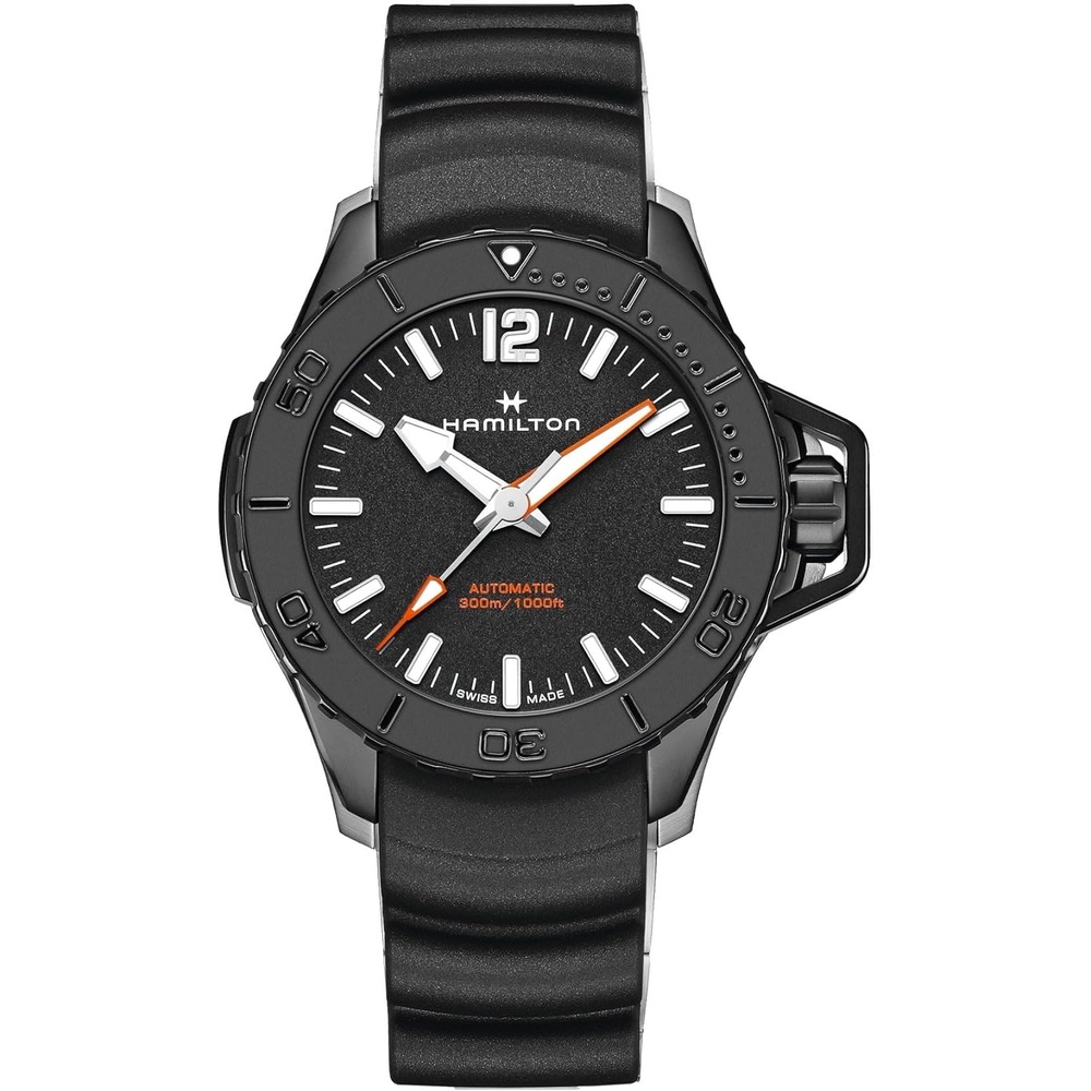 imageHamilton Khaki Navy Automatic Mens Watch 46mm Stainless Steel Case Swiss Made Black Dial Analog Wrist Watch for Mens 100 Meters Water resitance Sapphire Crystal 3Hand Movement Rubber Strap