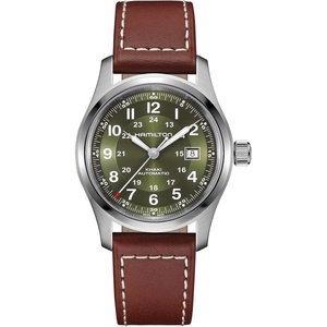 Hamilton Khaki Field Automatic Mens Watch, 42mm Stainless Steel Case, Swiss Made, Green Dial Analog Wrist Watch for Mens 100 Meters Water resitance, Sapphire Crystal, 3-Hand Movement, Leather Strap